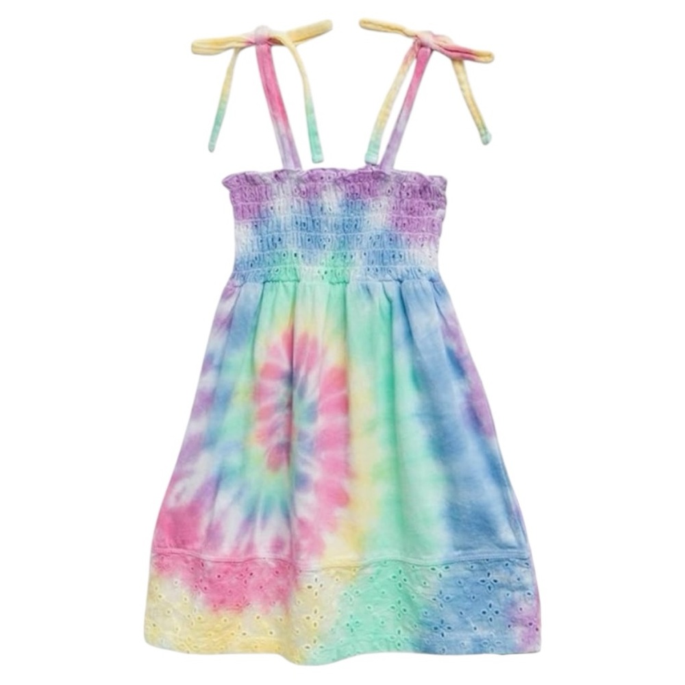 Splendid Girls Smocked Sleeveless Eyelet Hem Pastel Rainbow Tie-Dye Dress Size 5